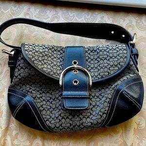 Coach small logo shoulder satchel in Navy with navy leather/silver accessories.